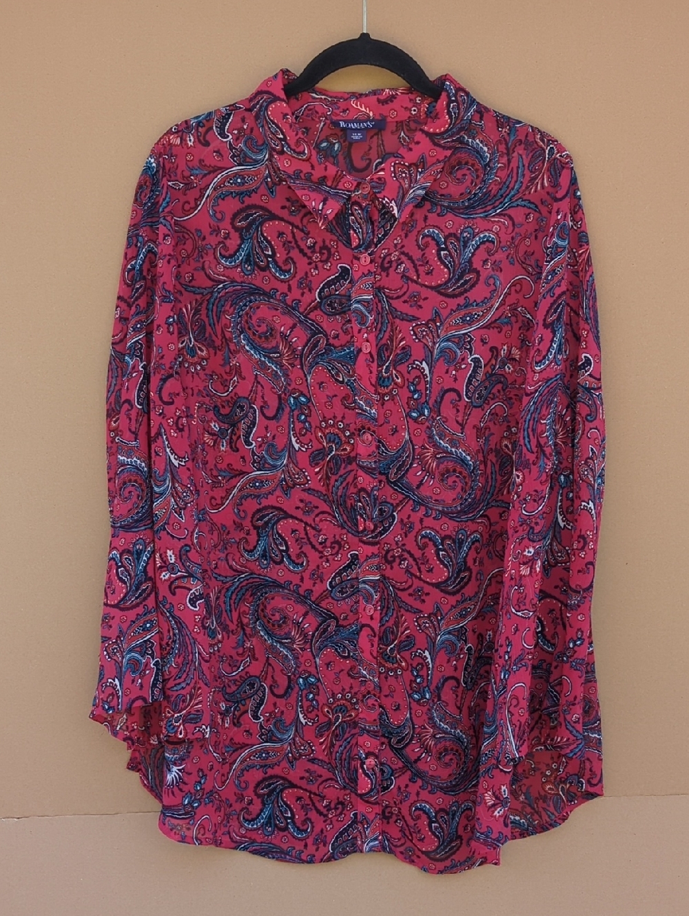Roaman's Paisley Flowy Button Blouse Bell Sleeves Maximalist 22W Pink Breathable